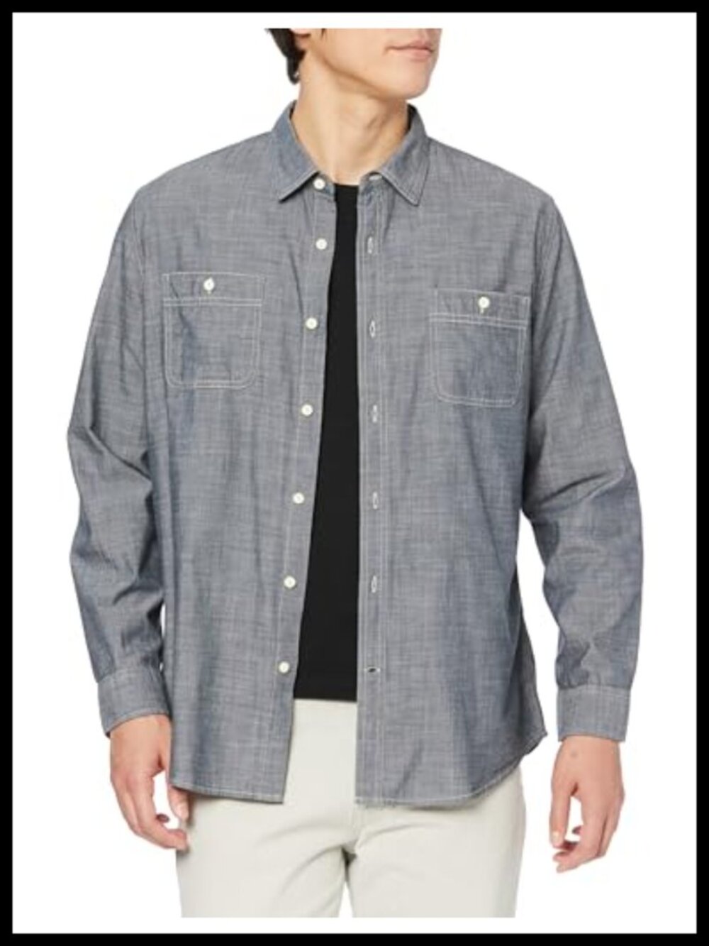 Men's Regular Fit Long Sleeve Cotton Chambray Shirt with Pockets
